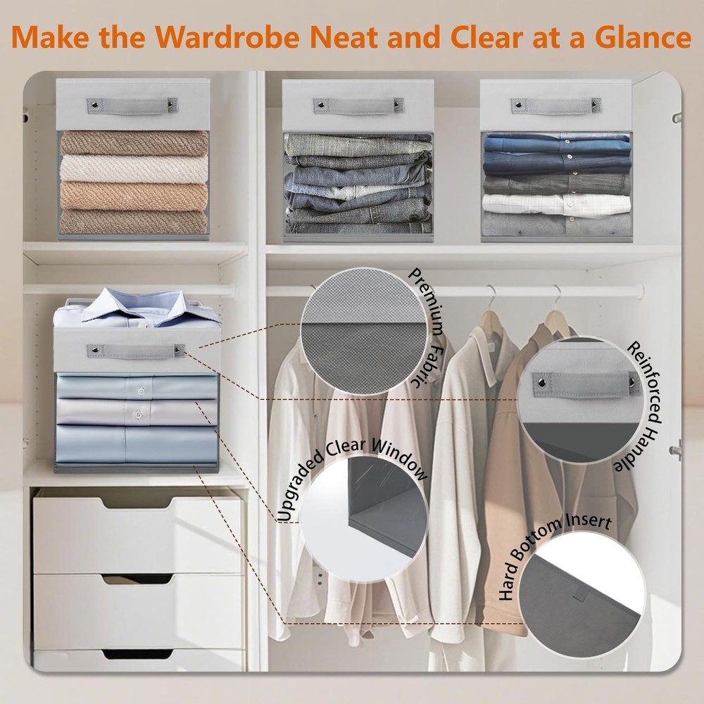 3-Pack Foldable Storage Cubes with Clear Window,Heavy Duty Fabric Storage Bin...