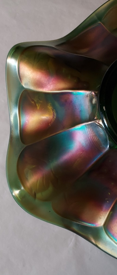 Fenton Grape and Leaves Green Iridescent Carnival Glass Bowl 1911-1918