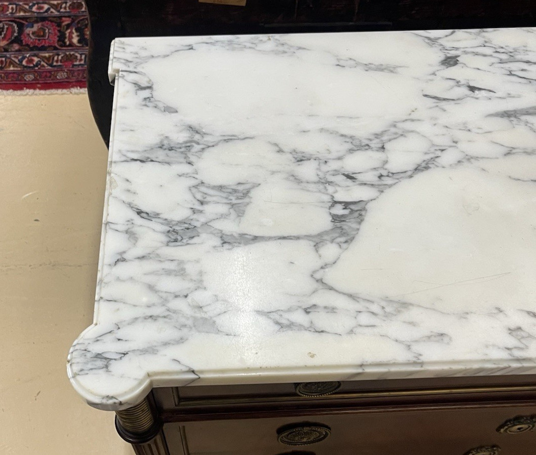 ANTIQUE FRENCH LOUIS XVI MARBLE-TOP MAHOGANY CHEST OF DRAWERS COMMODE