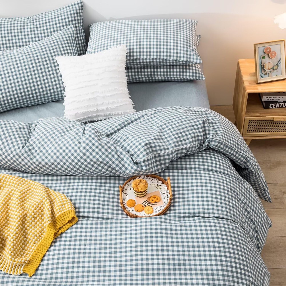 Blue Gingham Comforter Set Full, Plaid Comforter Set 3 Pieces 1 Blue Grid Com...