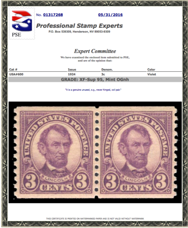 #600 Coil Pair, MNH PSE Graded 95, PSE Cert # 01317268