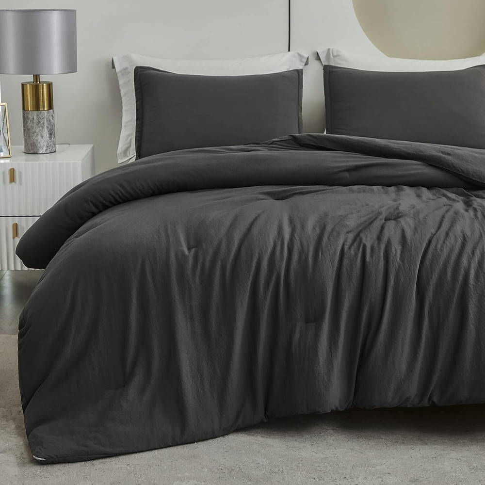 Gray Comforter King Size Set, Lightweight Plain, All Season Fluffy Bedding Set
