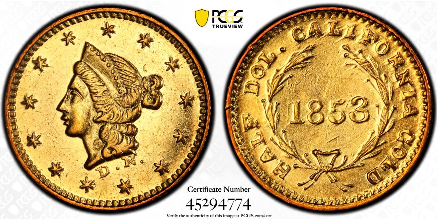 1853 GOLD CALIFORNIA FRACTIONAL LIBERTY ROUND 50 CENTS BG 409 PCGS AU 58
