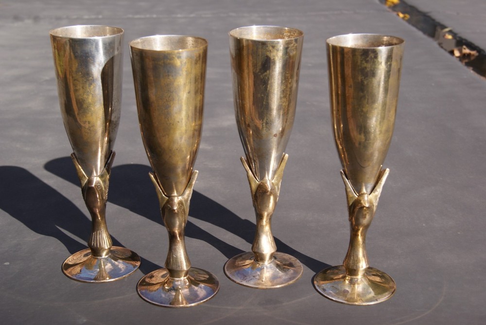 Vintage Godinger 8" Heavy Silver Plated & Brass Flute Goblets, India, Set of 4
