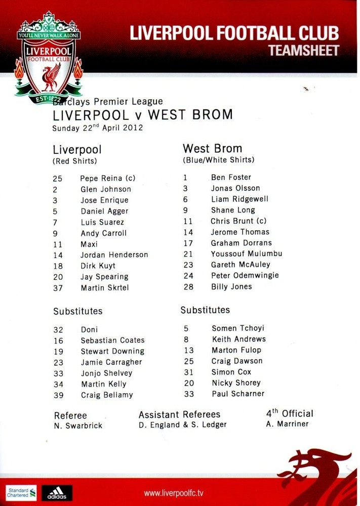 Team Sheet - Liverpool v West Brom 22.4.2012