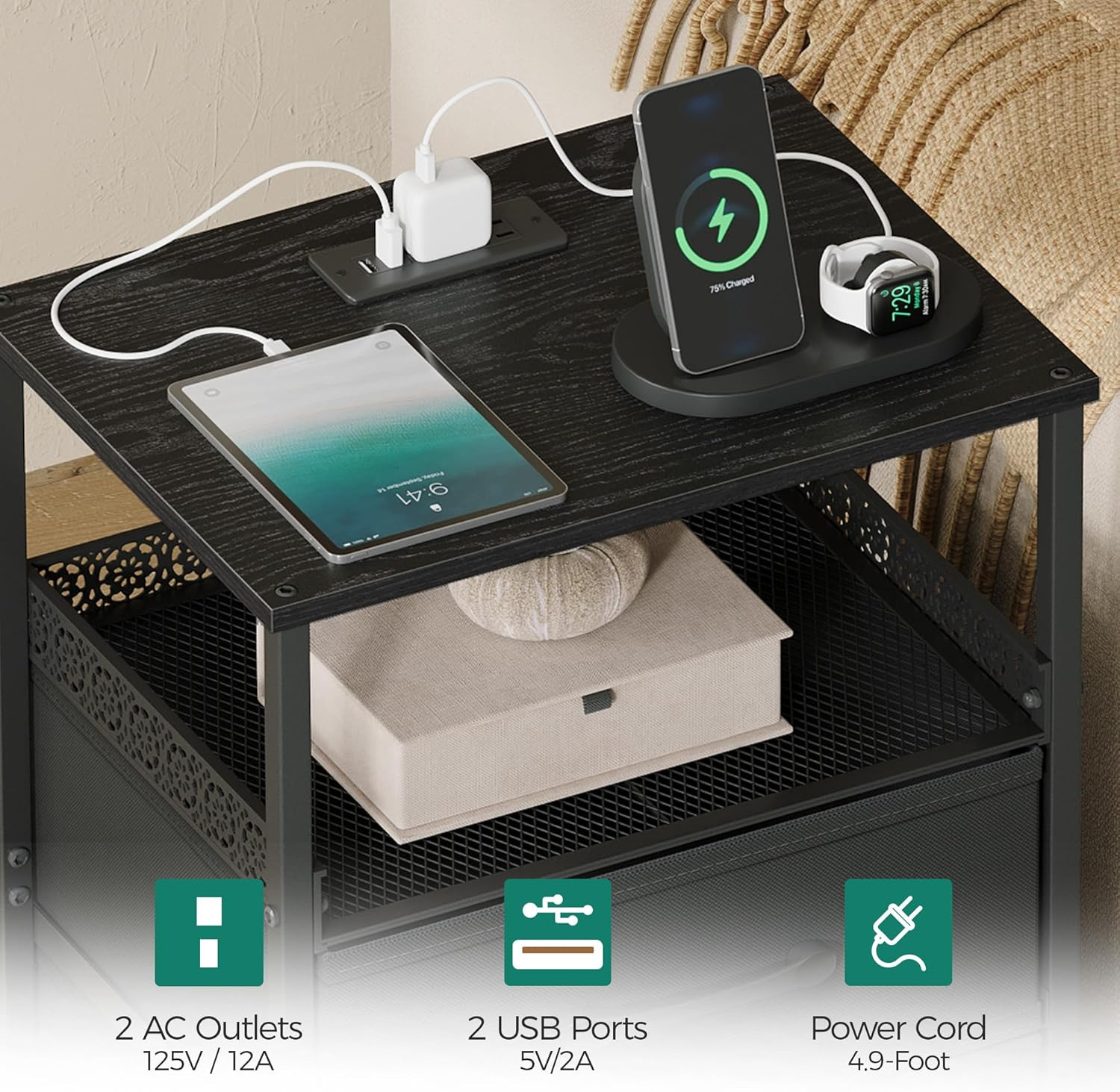 Nightstand Set of 2 with Charging Station, Night Stands with LED Lights, 26.4 In