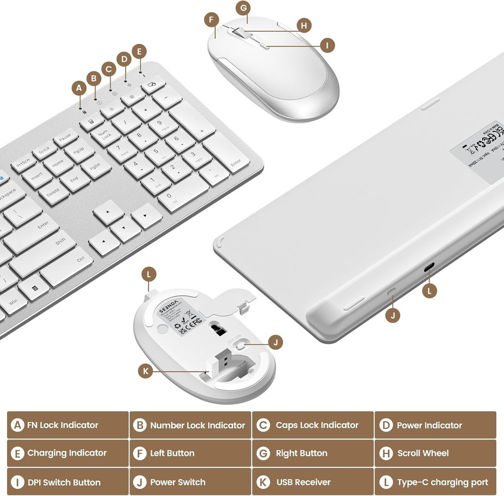 Rechargeable Full-Size Wireless Keyboard and Mouse - Modern Silver & White Combo