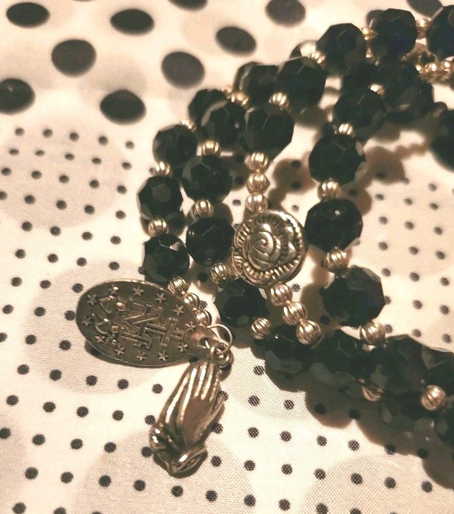 Artisan Hand Crafted Black & Silver Crystal Bead Wraparound Rosary Bracelet