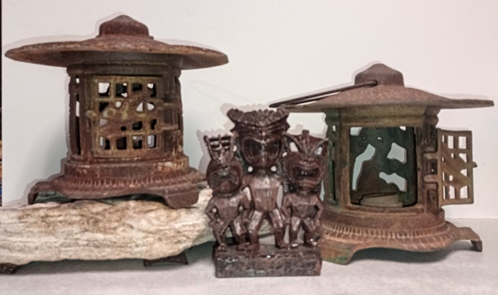 2 Antique Cast Iron Lanterns FREE Tiki Statue!