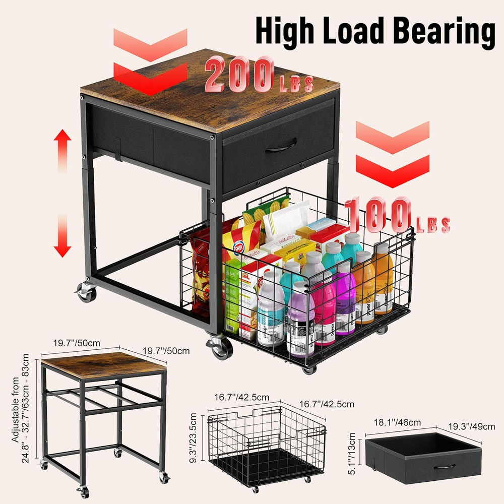 Mobile Mini Fridge Stand with Storage, Height-Adjustable Mini Beverage Fridge Ta
