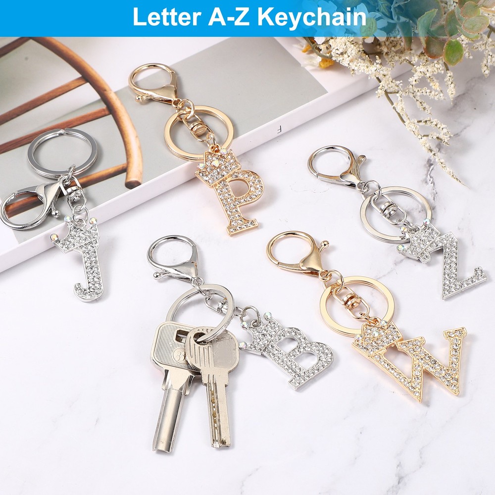 Initial Letter Keychain, 2 Pcs Letter E Crown Design Charm, Gold/Silver