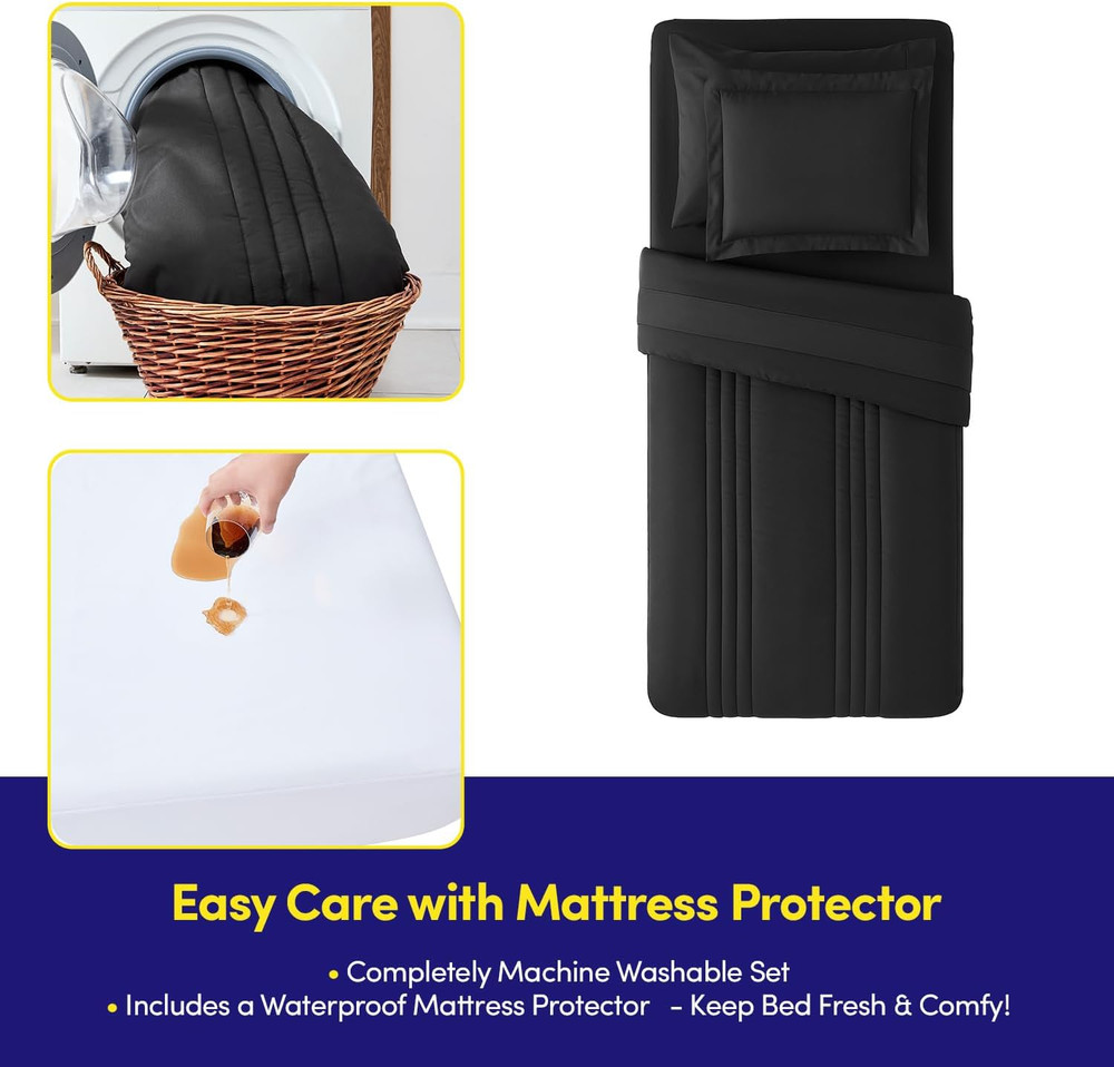 Twin Size Comforter Set Quilted Stripe Bedding Bundle – Comforter, Mattress Prot