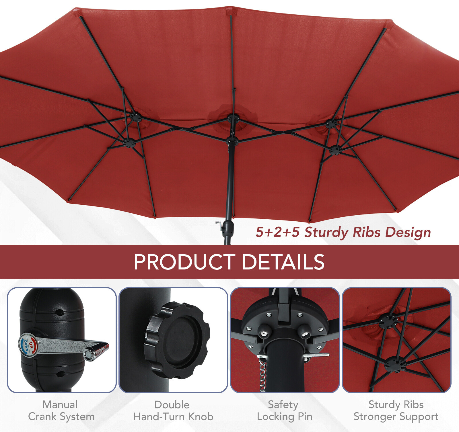 15FT Double-Sided Outdoor Sun Shade Backyard Patio Umbrella Red w/ Crank & Base