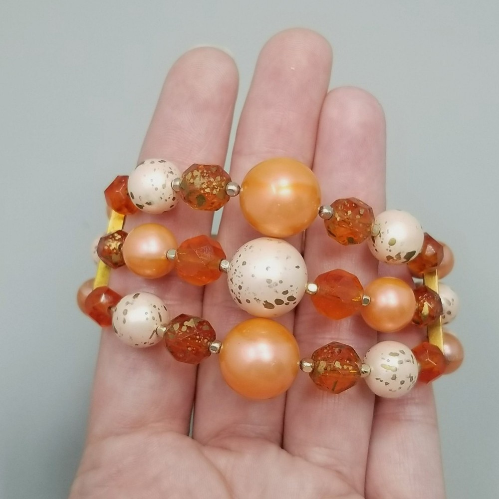 Vintage Orange Plastic Beaded Bangle Bracelet Cuff Memory Wire Three Row