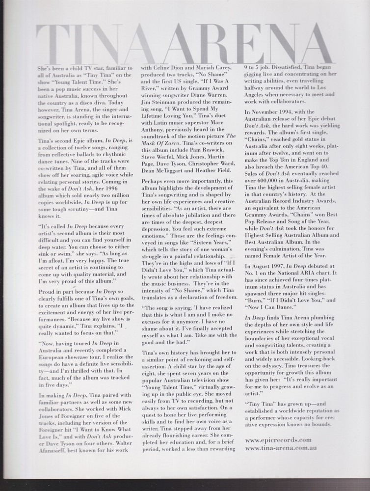 Tina arena in deep press kit