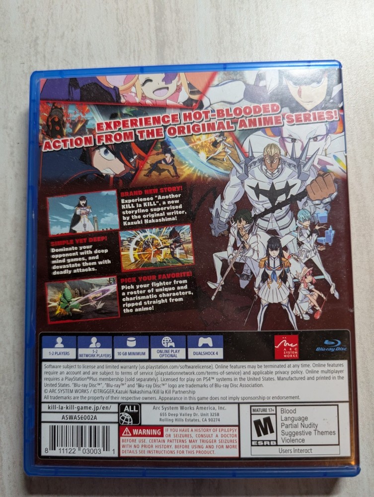 NO GAME Kill La Kill PlayStation 4 PS4 Case