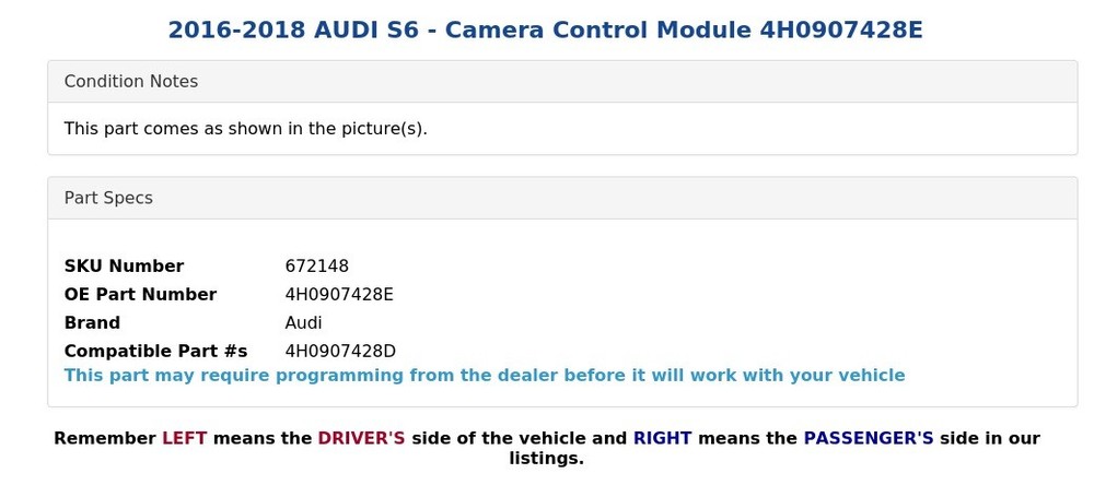 2016-2018 AUDI S6 - Camera Control Module 4H0907428E