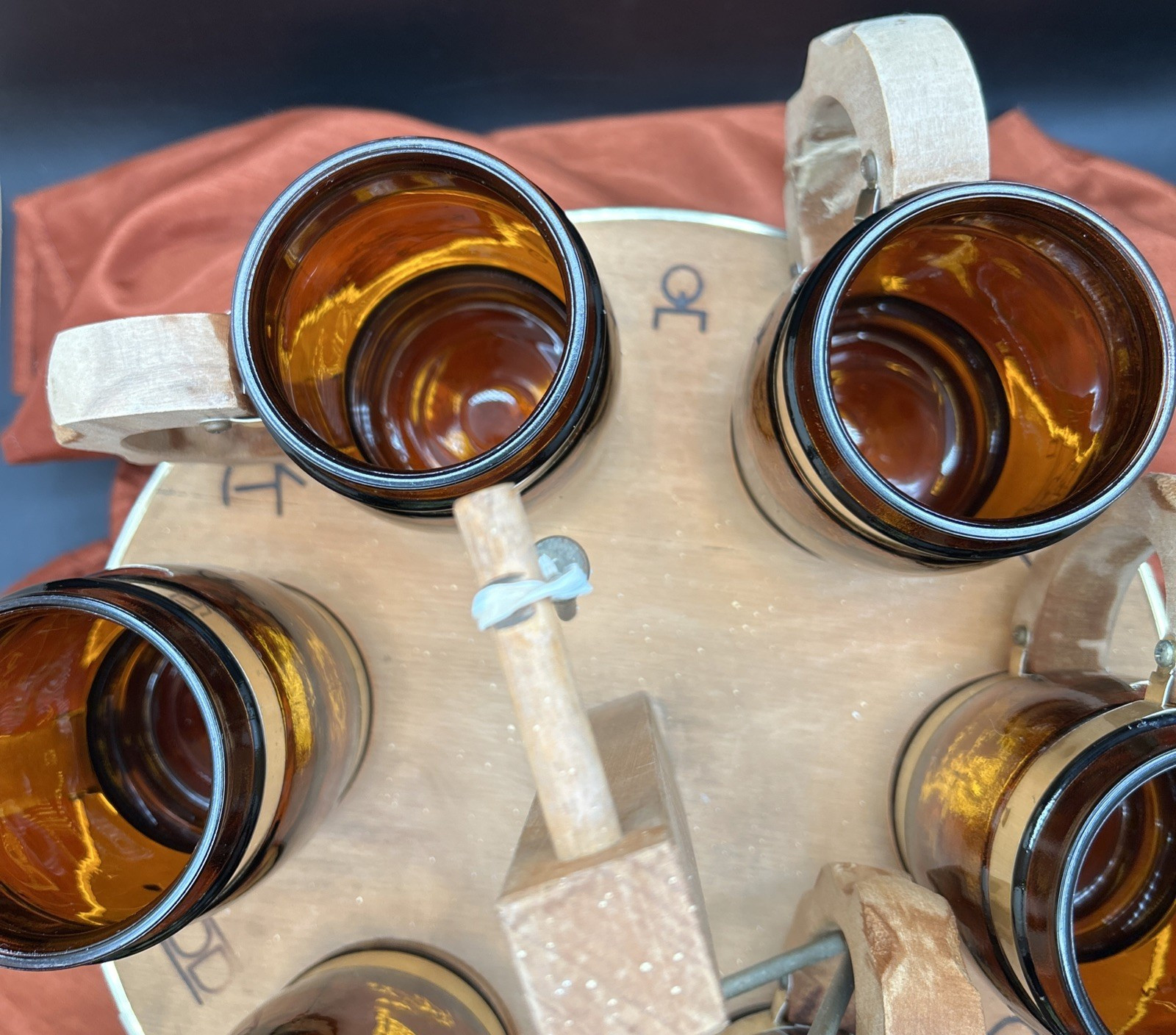 Vintage Siestaware Western / Wagon Wheel Bar Beverage Set with Caddy & Triangle