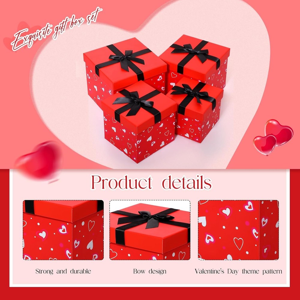 Epakh 4 Pcs Valentine's Day Nesting Gift Boxes with Lids Black Red Hearts Stacki