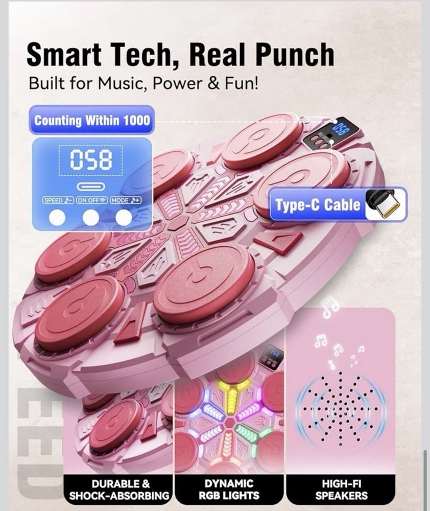Boxing Strike Pad with Bluetooth, Rhythm Lights, Gloves, Adjustable Height, Pink