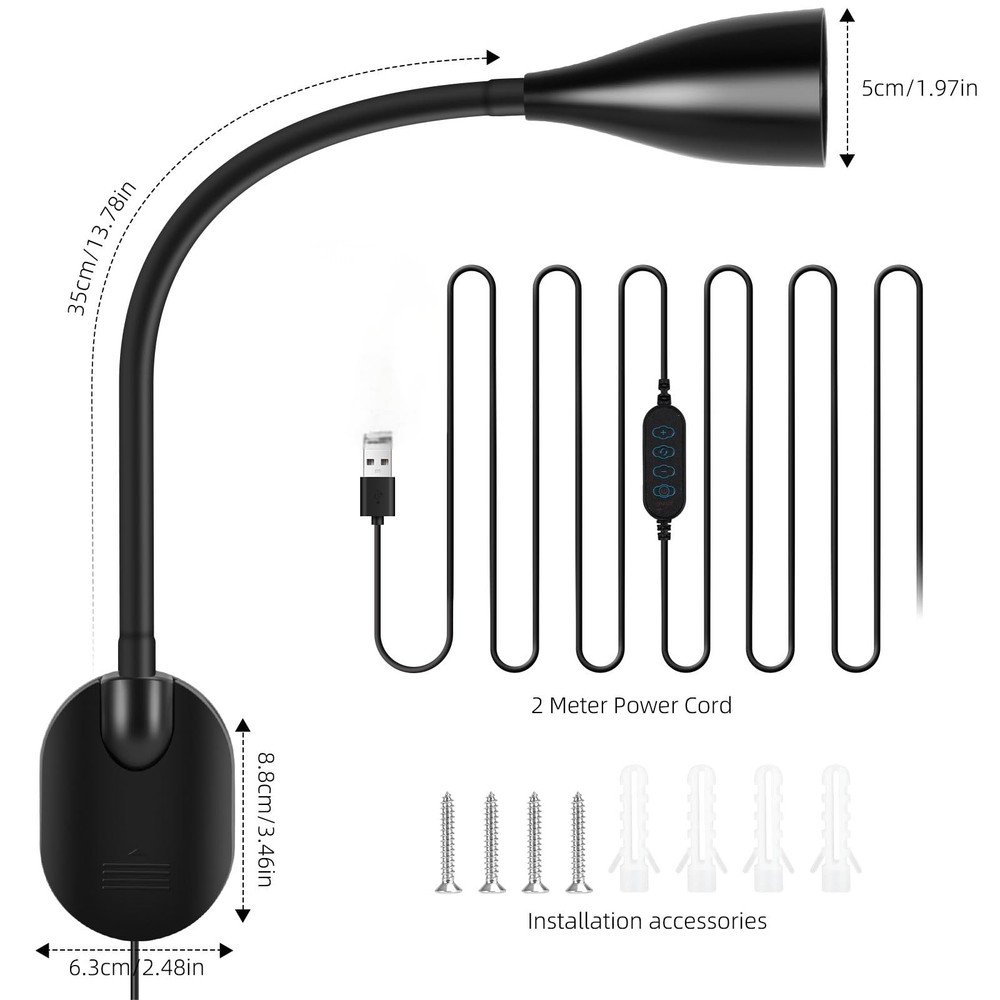 Black LED Wall Mounted Reading Light 5 Color Modes 10 Brightness Dimmer USB