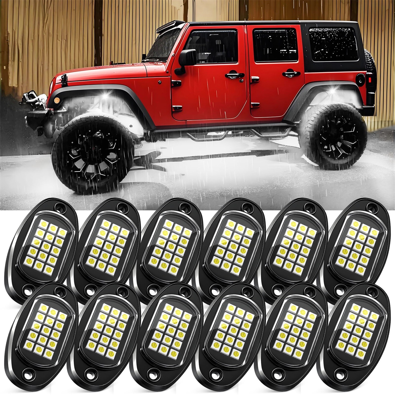 12 Pods Pure White LED Rock Lights, Waterproof Underglow Under Car Truck Lights