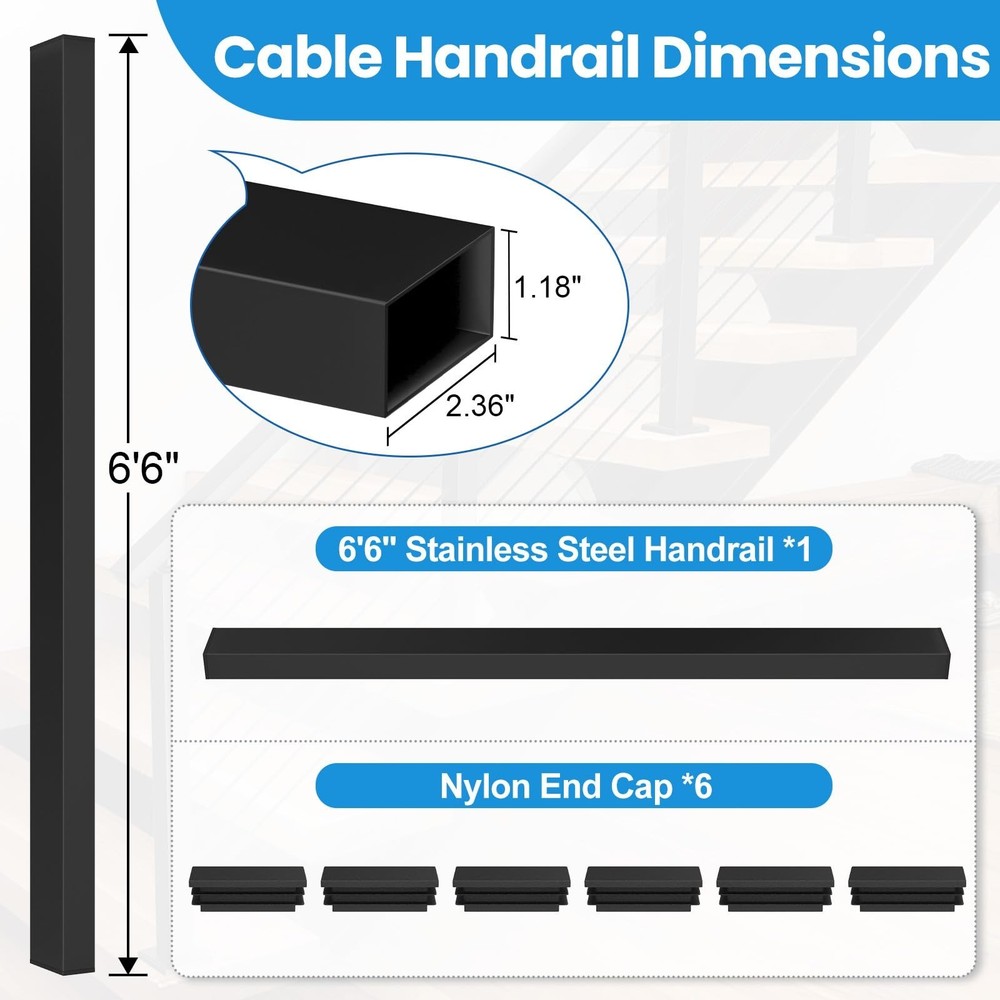 6'6'' Rectangular Cable Railing Handrail, Black Stainless Steel Handrail with...