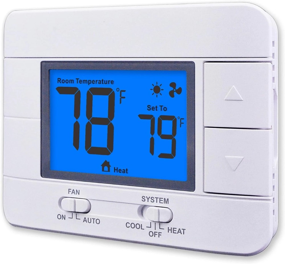 Non-Programmable Thermostat Single Stage 1H/1C Large Blue LCD Temp Humidity