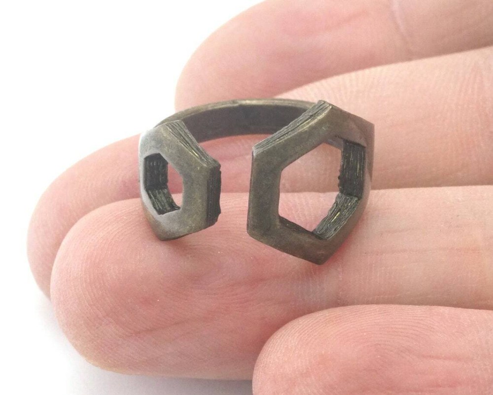 Hexagonal Frames Adjustable Ring Antique Bronze plated brass (6US -8US size 4349