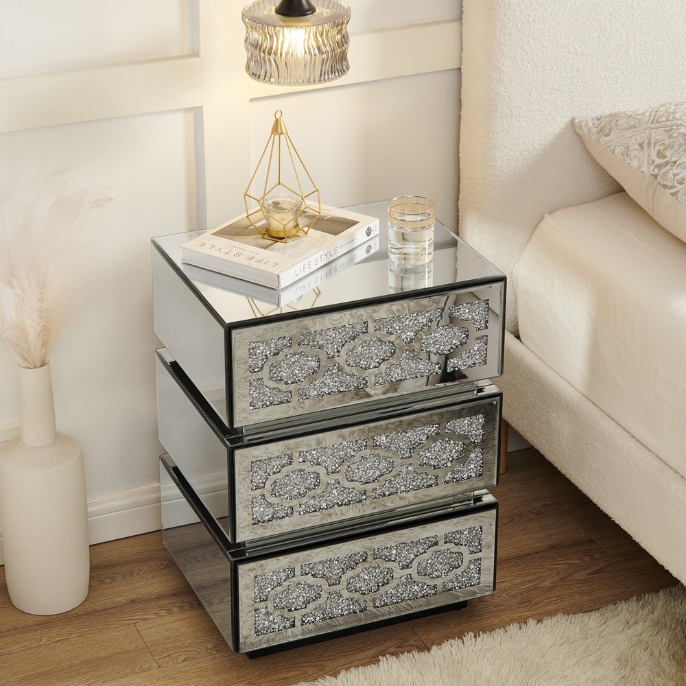 Mirrored Bedside Nightstand, Modern Side Table with 3 Drawers, Silver Accent