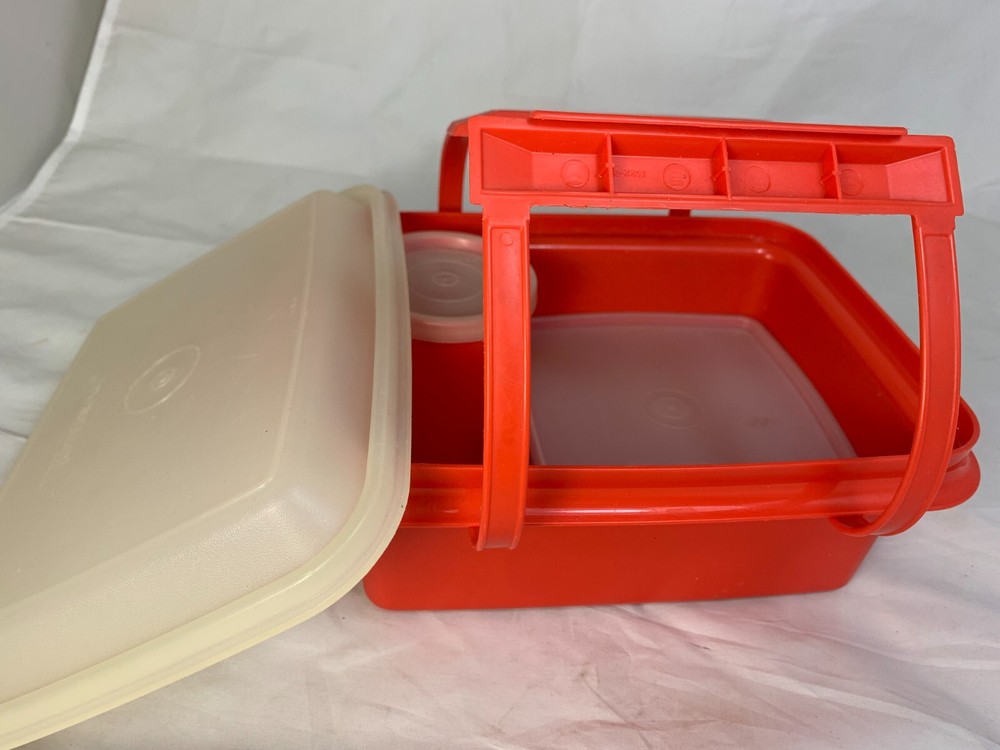 Vintage Red Tupperware Handled Lunch Box with sandwich