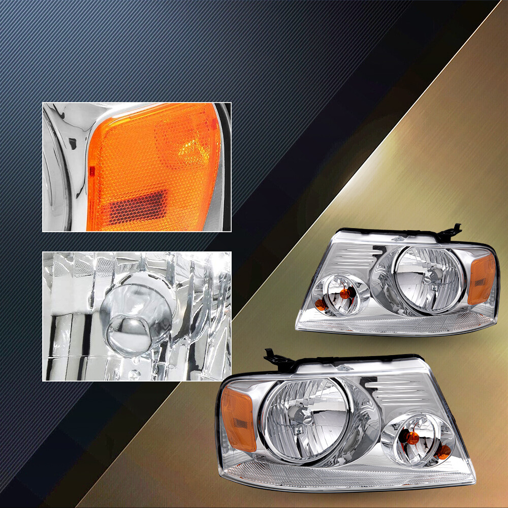 Fit For 2004-2008 Ford F150 F-150 Chrome Amber Headlights Assembly Headlamps Set