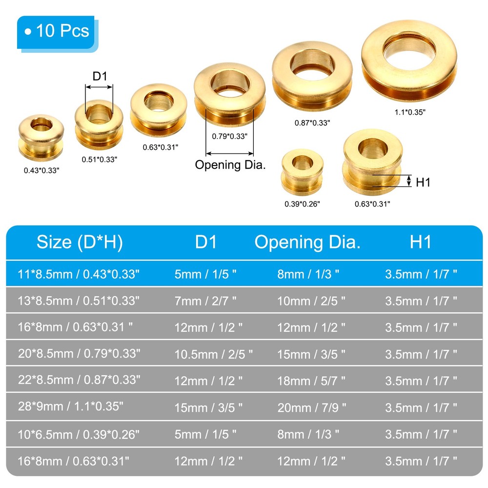 5mm(1/5 Inch) Solid Brass Hole Eyelets, 10 Pcs Arc Surface Grommets, Brass Tone