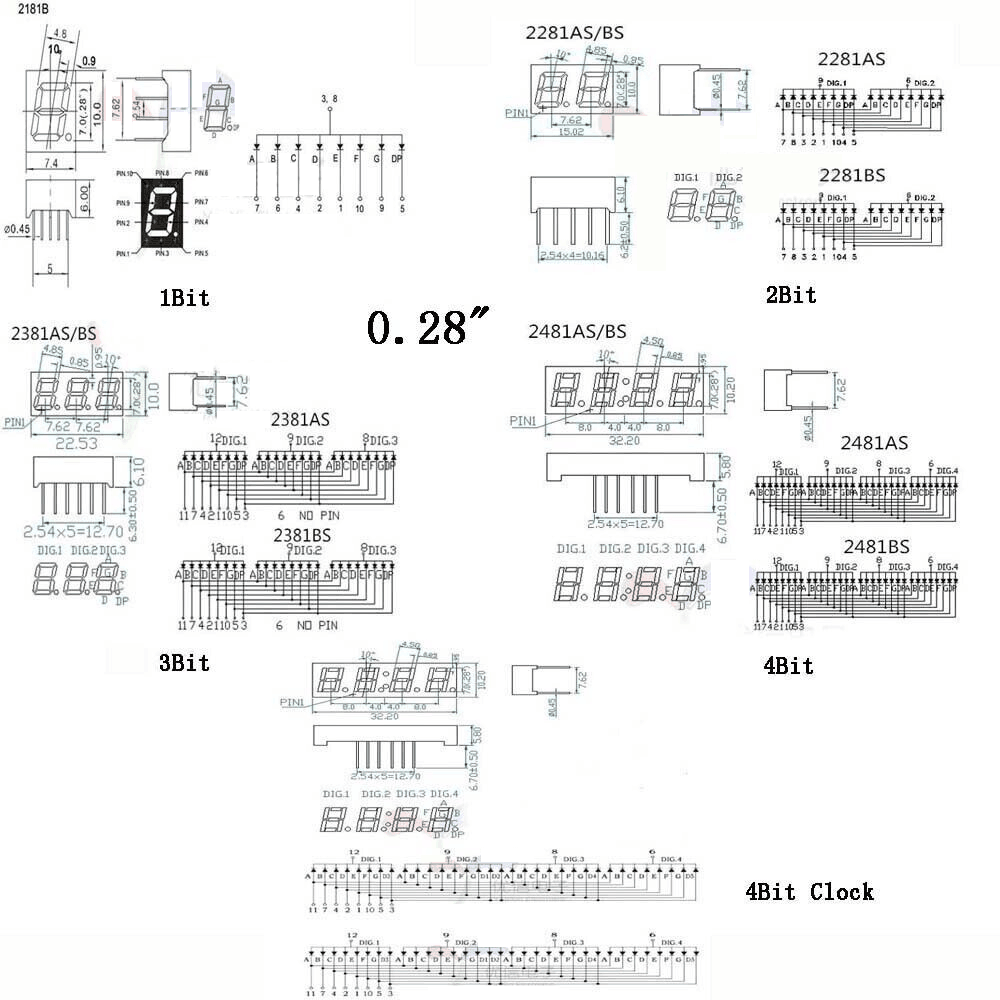 0.28/0.36/0.4/0.56/0.8" 1-4 Bit Common Anode/Cathode Red Led Display 7 Segment