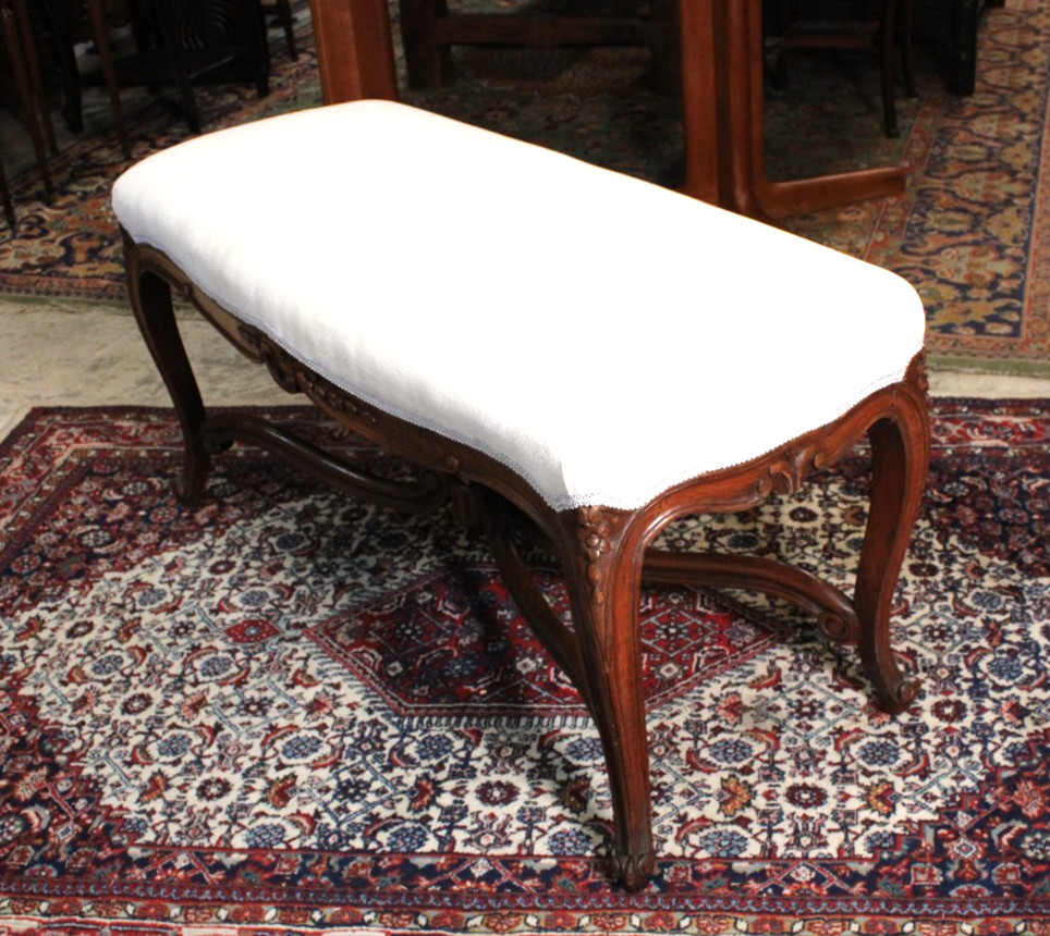 French Antique Carved Walnut Bench / Refinished & upholstered White Lenin