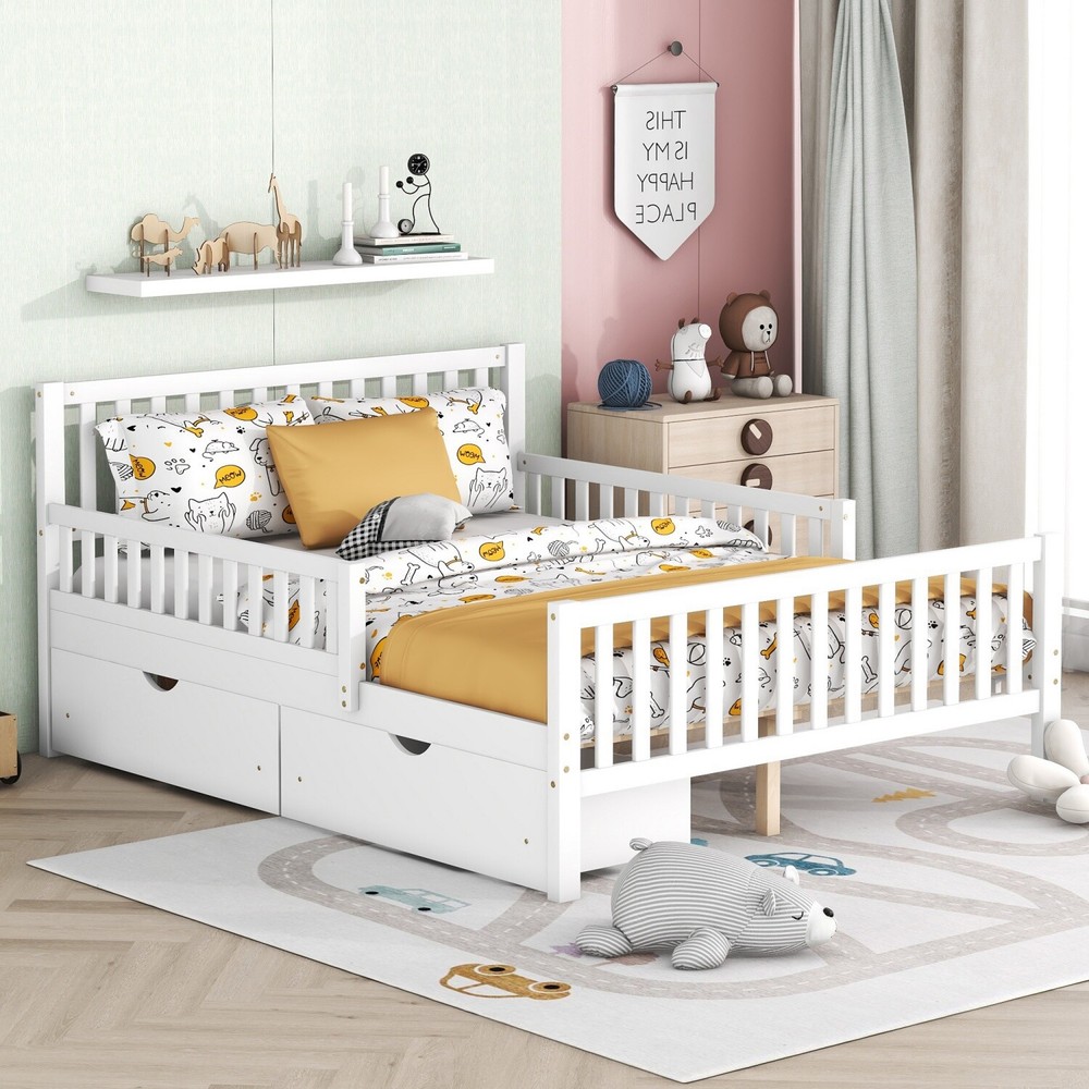 Full Size Bed Frame Wood Platform Bed Frame with 2 Drawer & Guardrails White