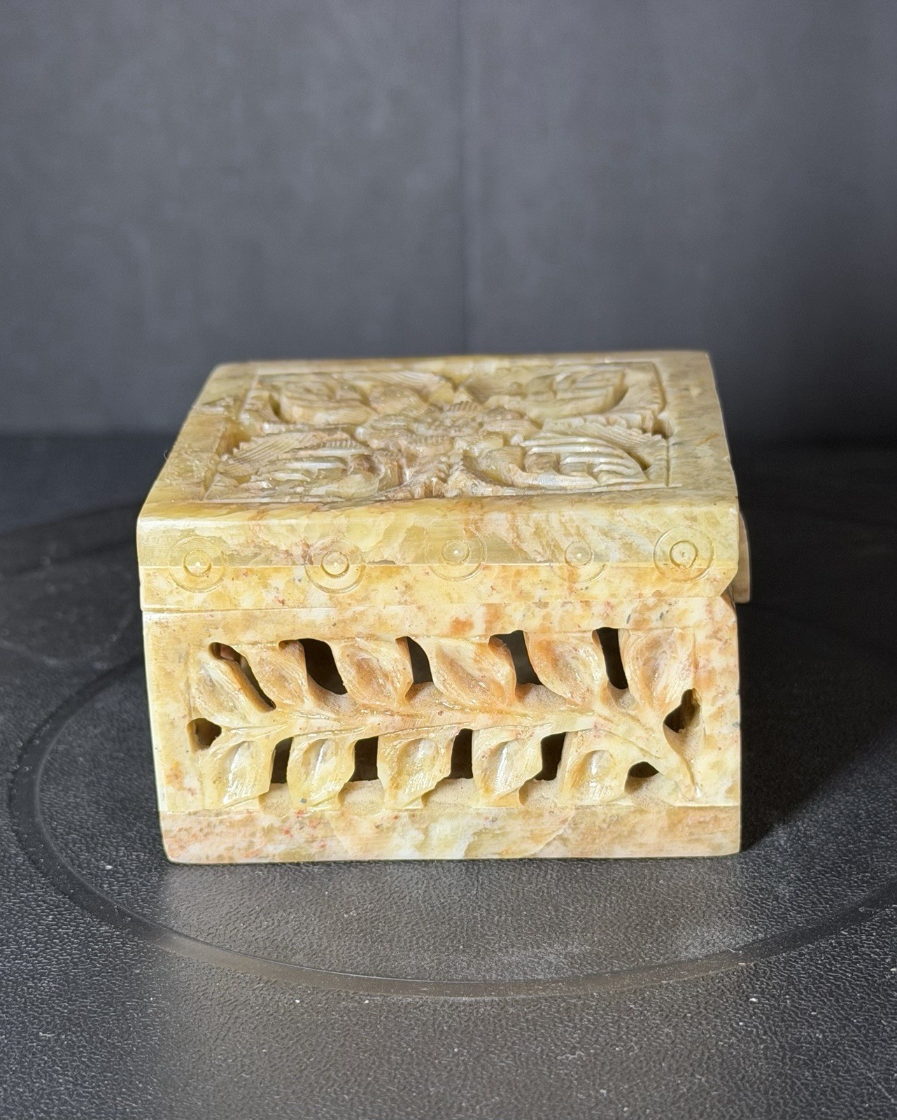 Vintage Intricate Hand Carved Soapstone Trinket/Marble Jewelry Box - 3”x 3”