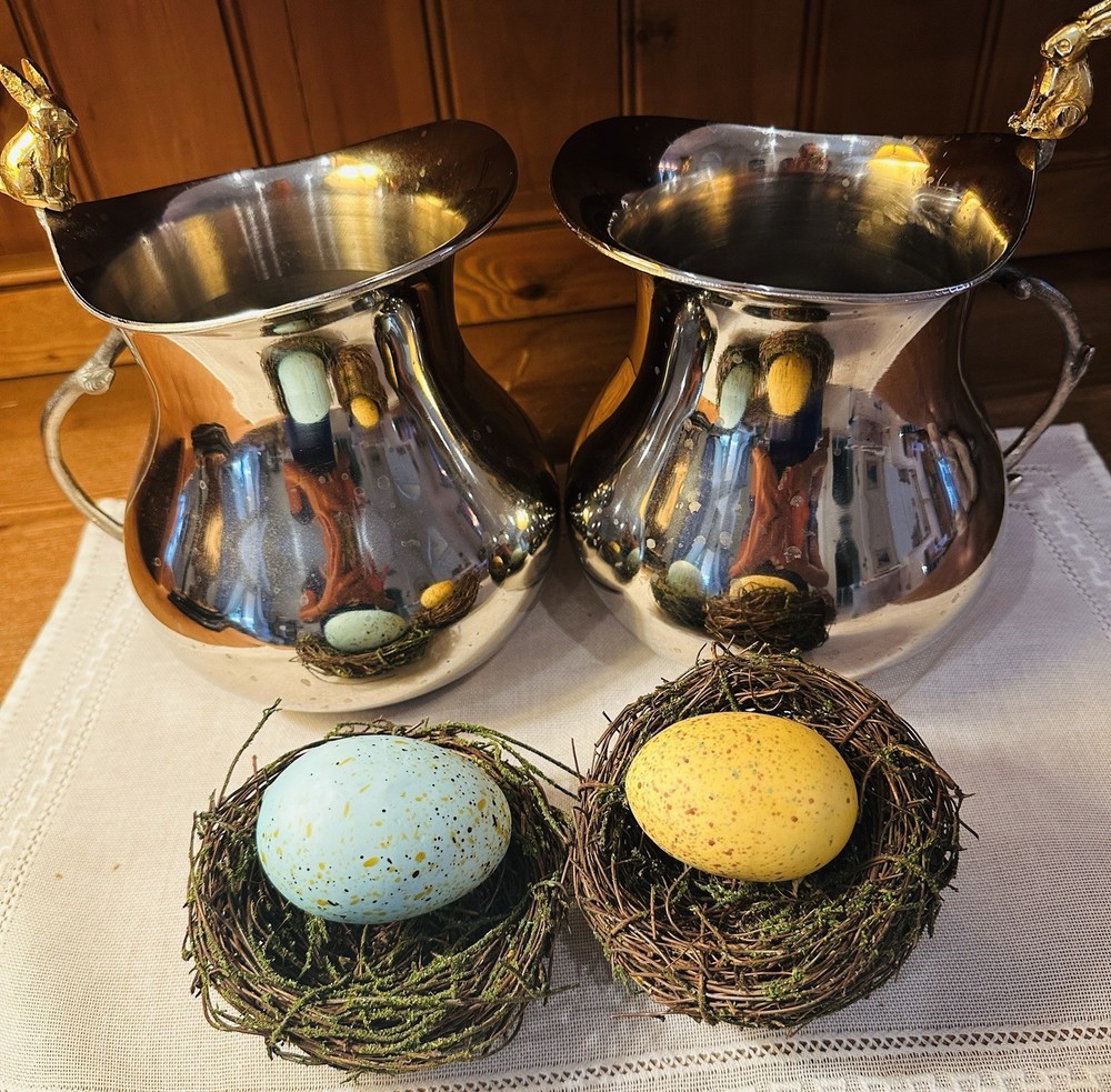 Set/2 Silver Tone Bunny Handle Pitchers.  Decor Cottage. Chic Set