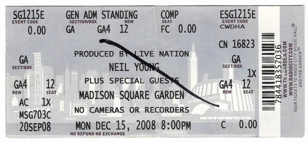 Neil Young Wilco Everest 12/15/08 New York City NY MSG BIG Ticket! NYC
