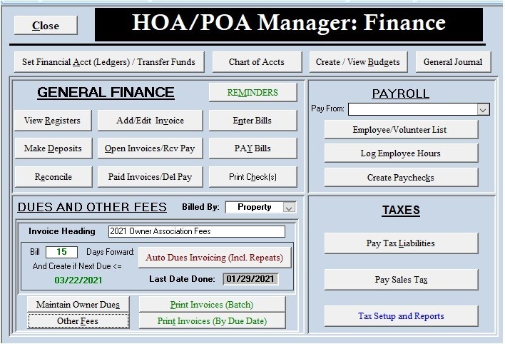 HOA or POA Management application for Homes or Property , uses Microsoft Access