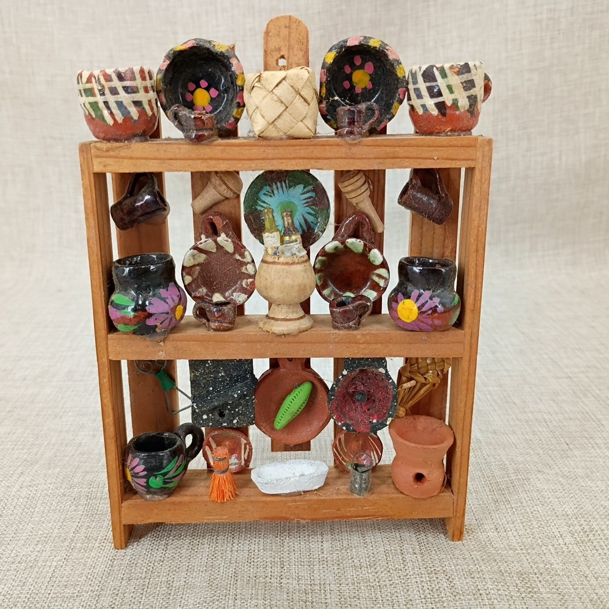 Mexican Kitchen Trasterito Trastero Wall Shelf 3 Tier Wooden w/ Miniature Clay