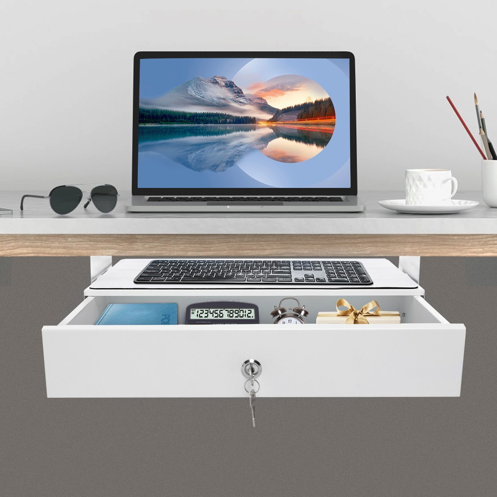Sliding Pull-Out Drawer Under Desk for Office Organization, White