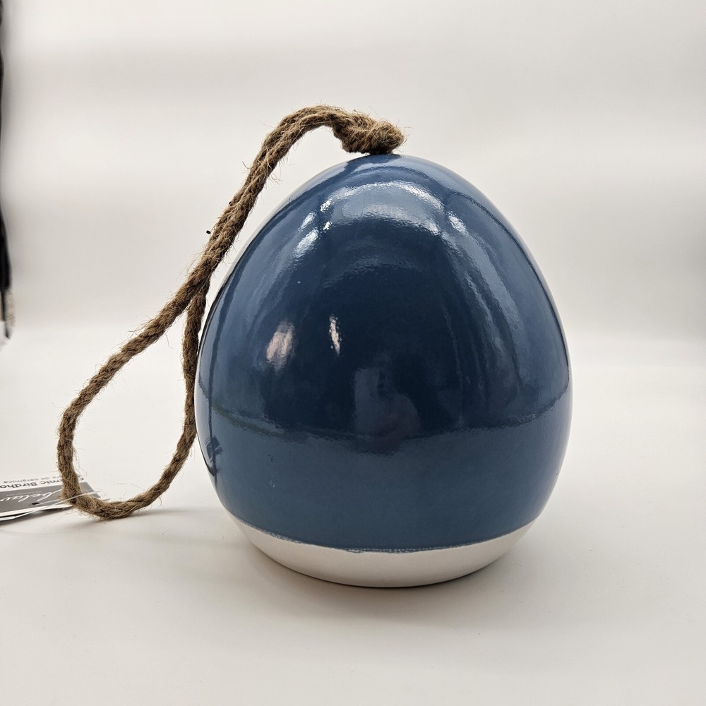 Ceramic Birdhouse Blue Egg Shaped Wood Perch