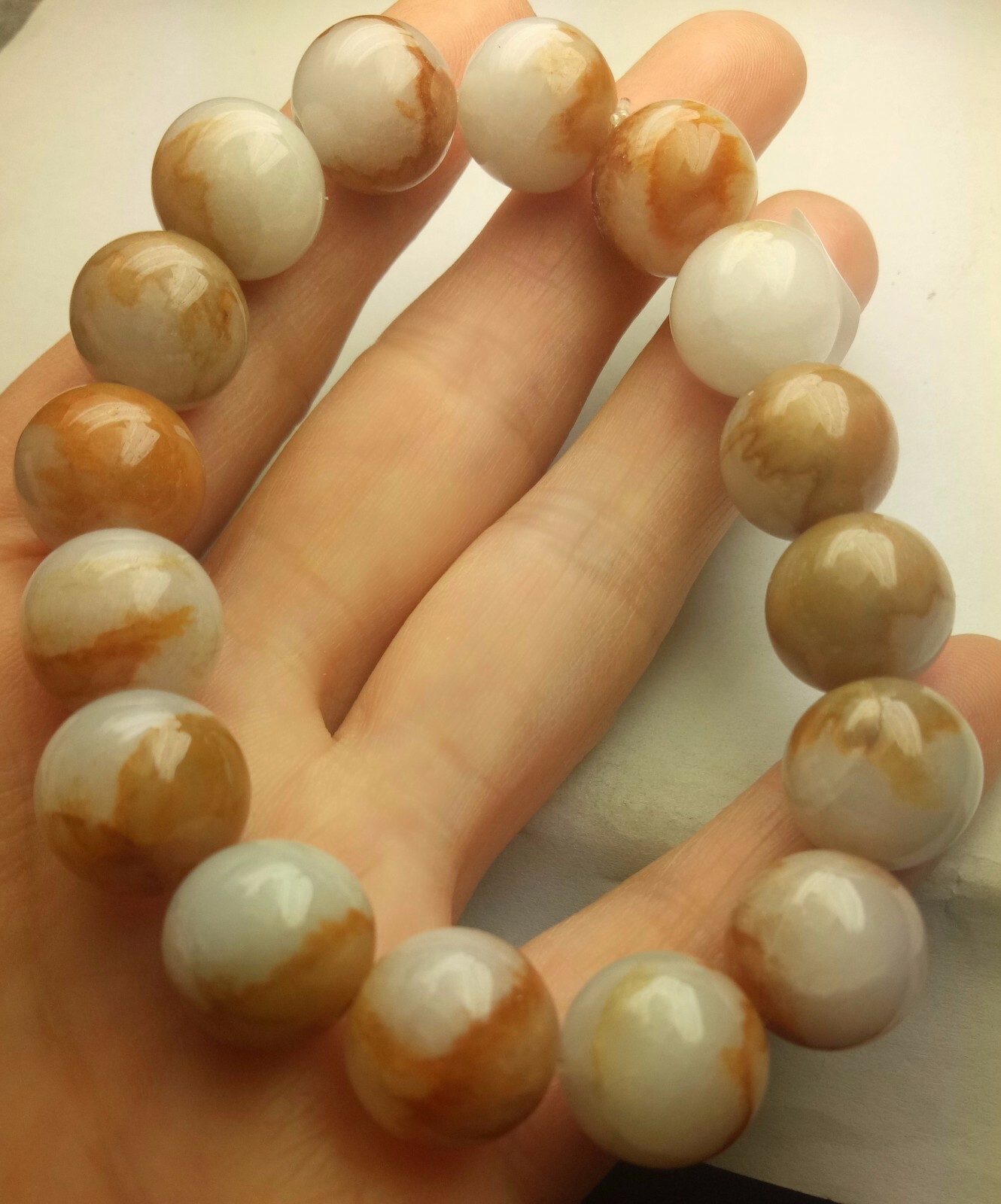 Certified Orange Brown White Natural A Jade Jadeite 12mm Bead Stretchy Bracelet