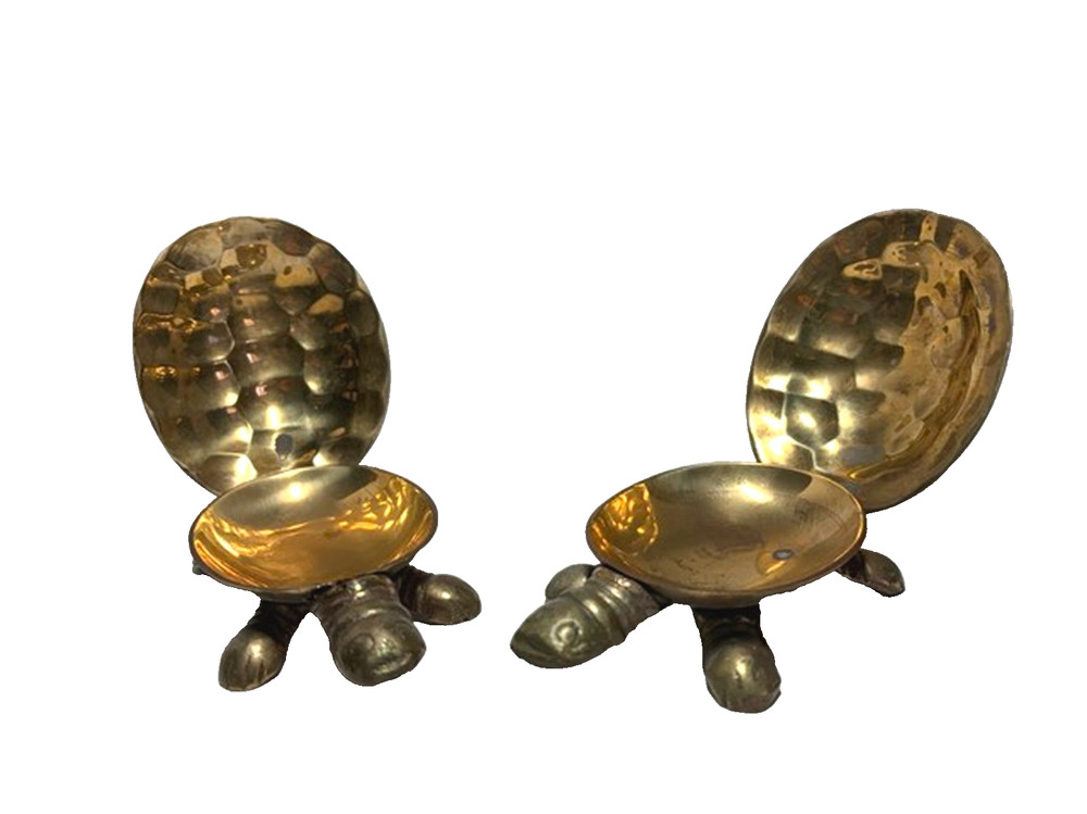 Two Vintage Brass Turtle Containers with Hinged Shell Lid Trinket Boxes