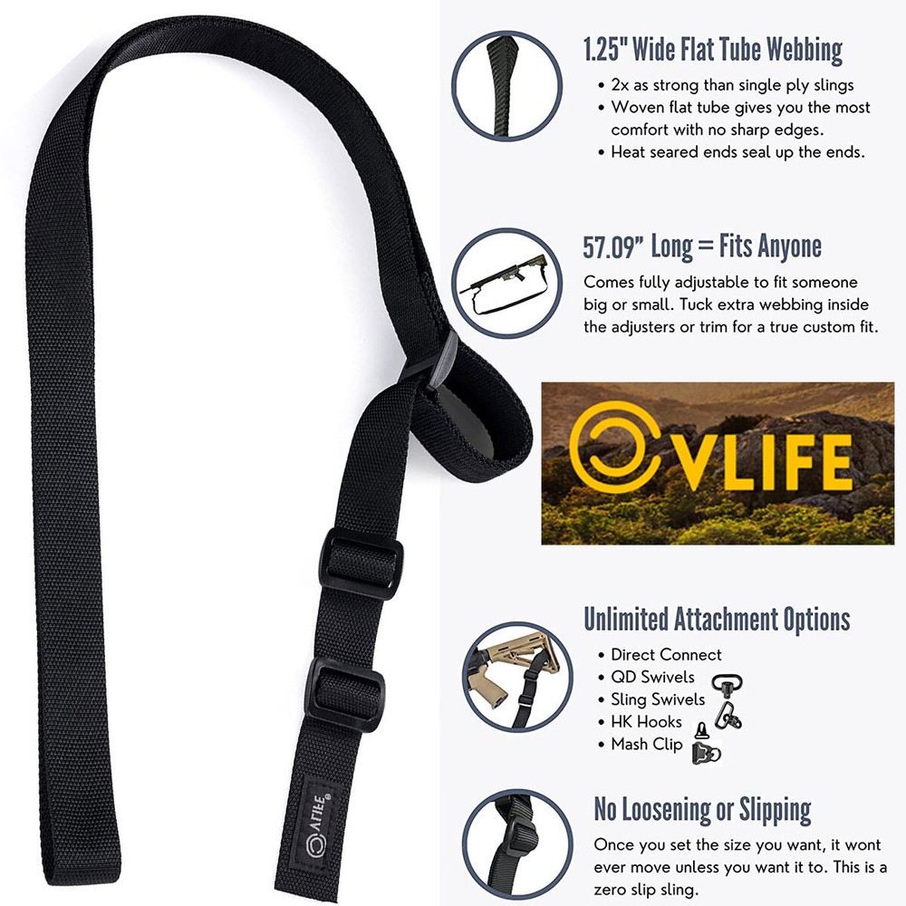 2 Points Rifle Sling - Adjustable Gun Sling With Fast-Loop 1.25" Webbing / Black