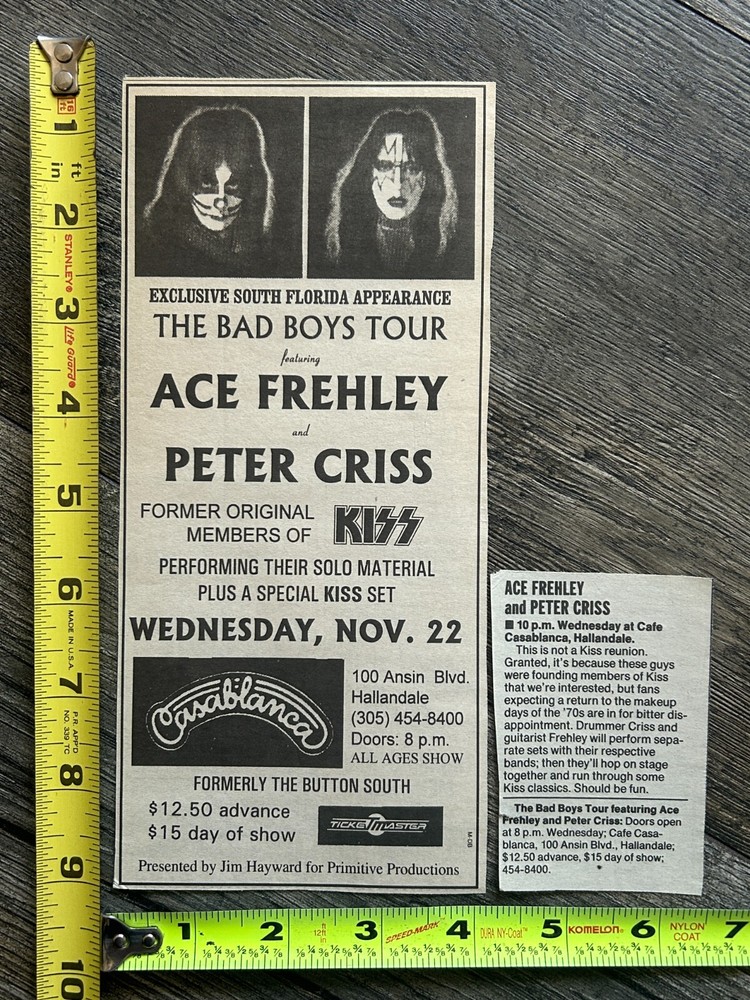 KISS Concert Ad Advert ACE FREHLEY PETER CRISS Casablanca FL Lot Vintage Kiss
