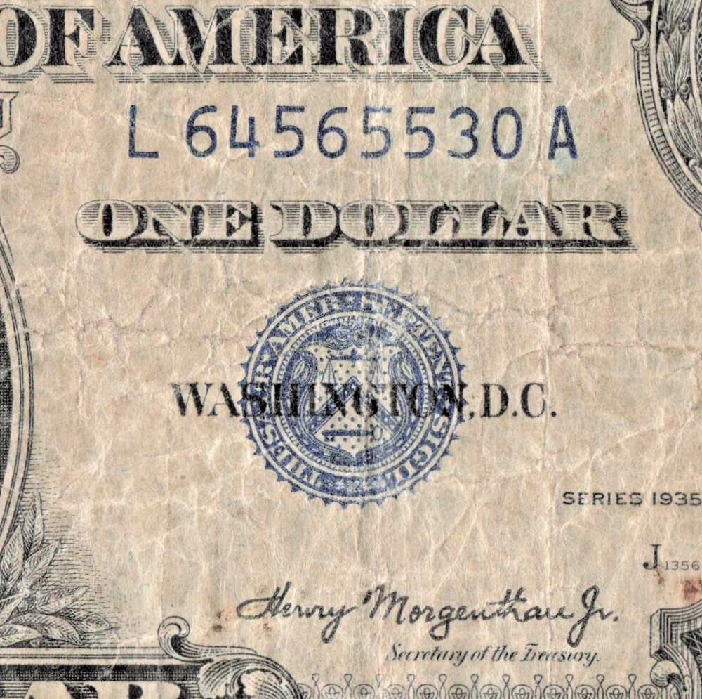 1935 $1 One Dollar Silver Certificate Double Date Gutter Fold Error, Circulated