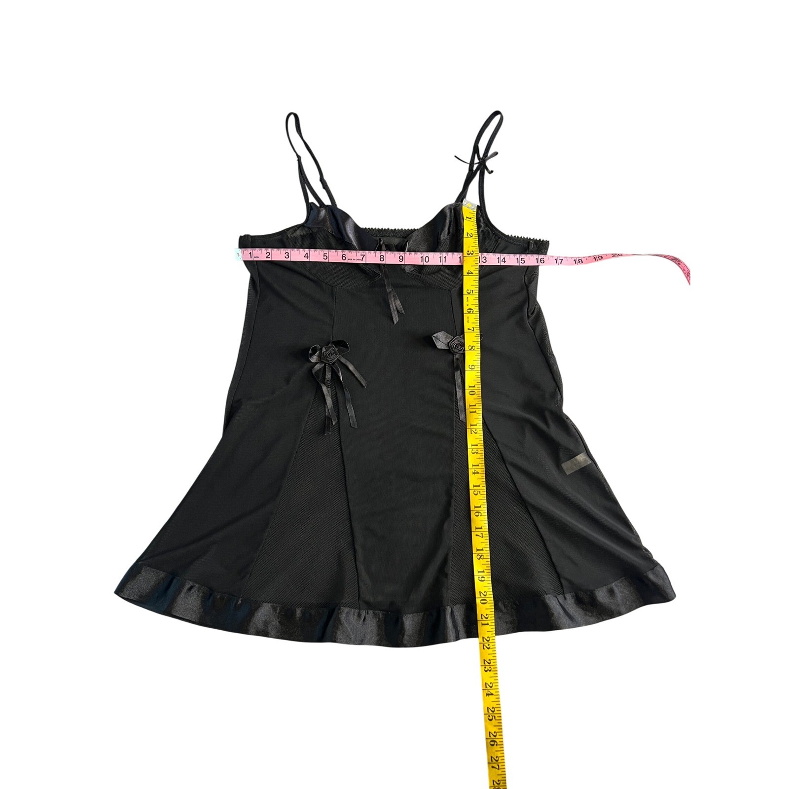 Vintage Style Black Mesh Babydoll Chemise Satin Trim Rosette Bow Lingerie Slip