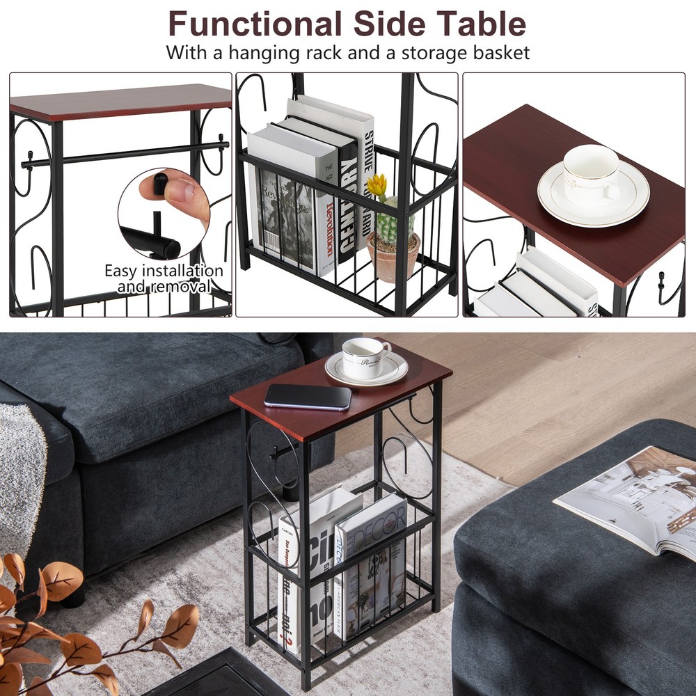 2 PCS Side Table End Table w/ Removable Hanging Rack & Bottom Storage Basket